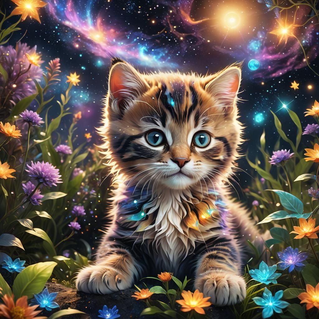 Astral Kitten Floating in Cosmic Sky