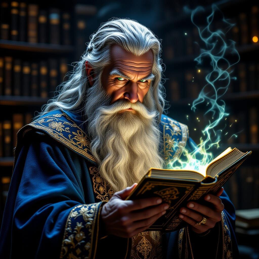Wise Old Wizard Holding Glowing Tome in Dusty Library