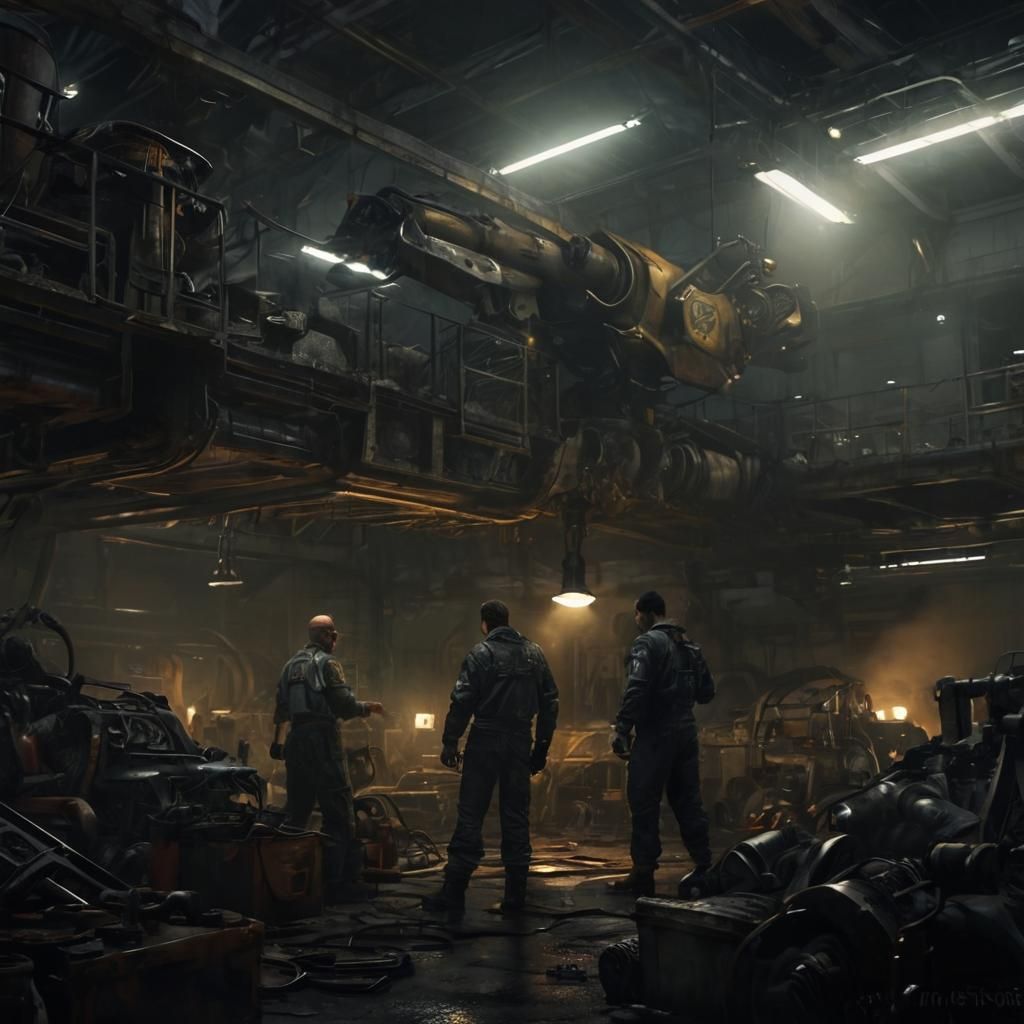 Retrofuturistic Mechanic in Distressed Hangar