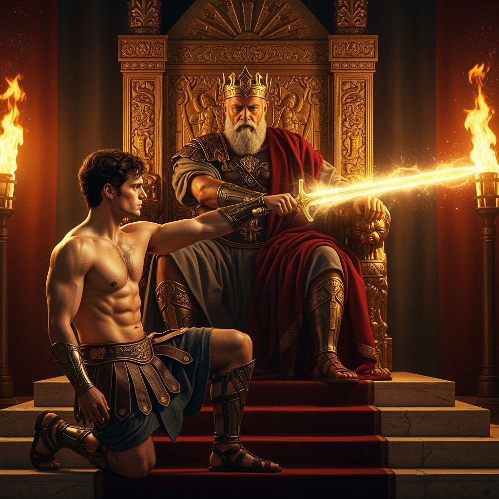 King Aegeus Confronts Heroic Theseus on Golden Throne