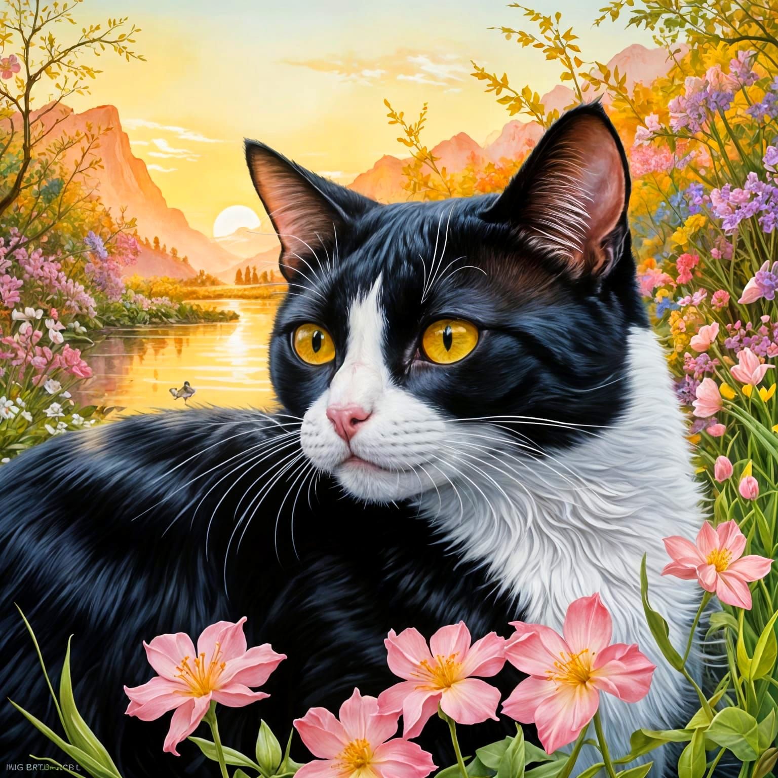 Whimsical Cat Scene in Glass Duck Amidst Spring Blooms and R...