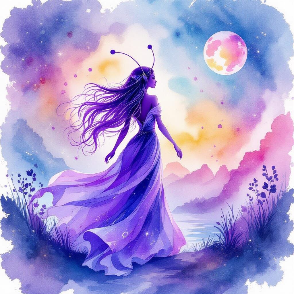 Purple Alien Queen Exploring Planet in Watercolor Style