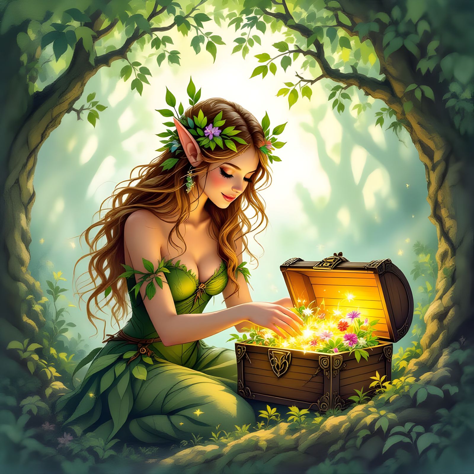 Whimsical Dryad Elf Tends Glowing Forest Treasure
