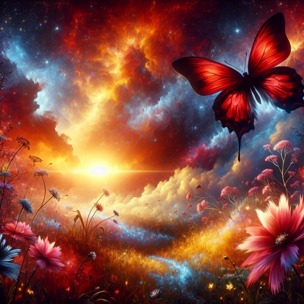 Cosmic Butterfly Drifting Through Sunset Meadow