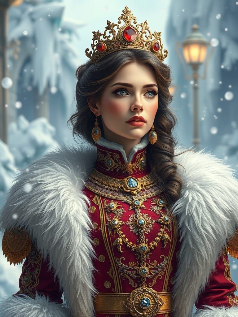 Regal Winter Beauty in Opulent, Cyberpunk-Inspired Fantasy