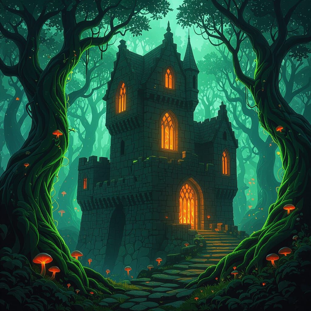 Gothic Castle in Bioluminescent Forest
