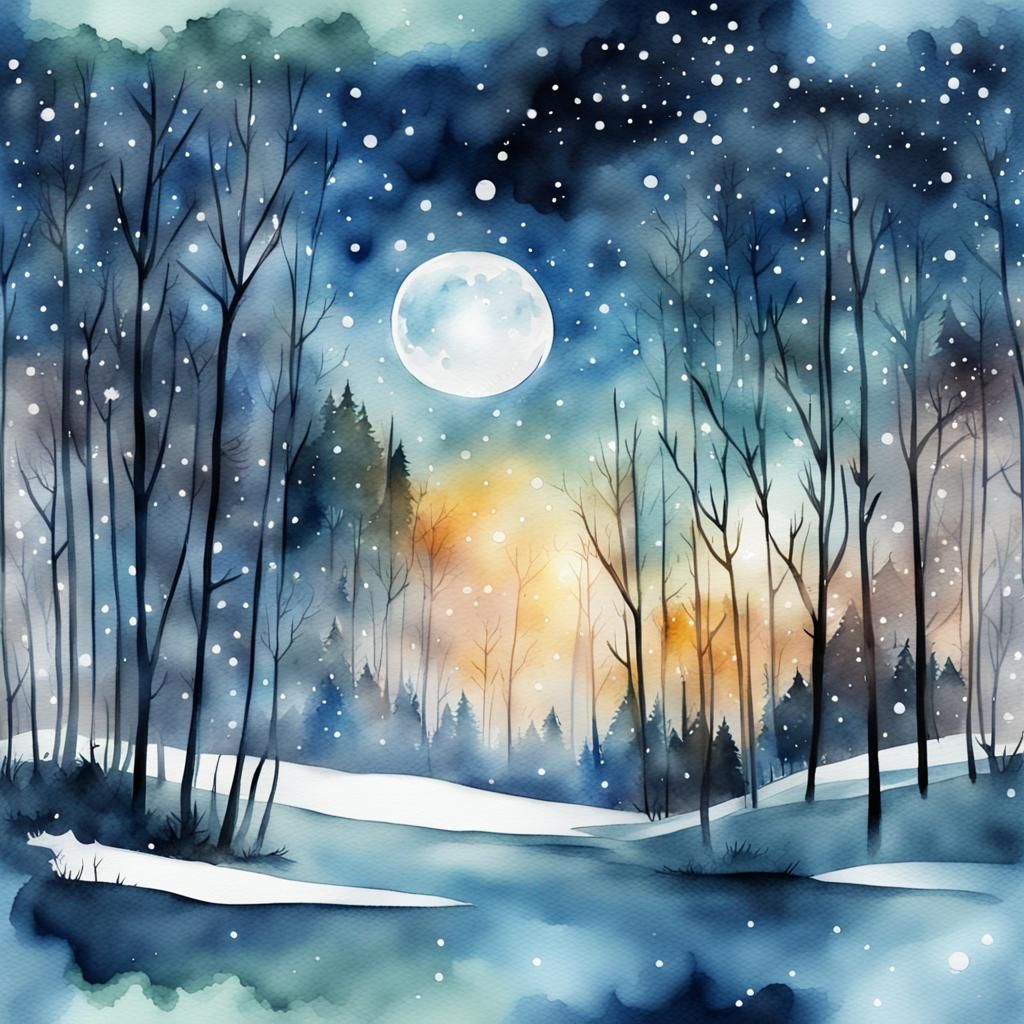 Watercolor Forest with Snow Under Moonlight