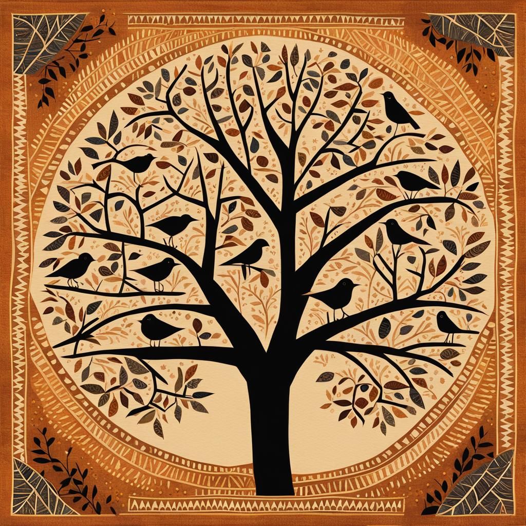 Warli Folk Art: Birds on a Branch