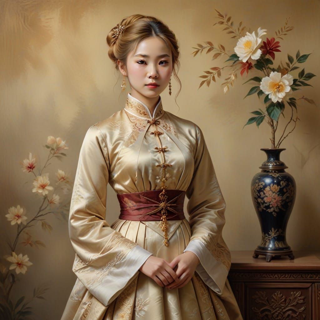 Chinese Woman in Victorian Dress as Oil Painting
