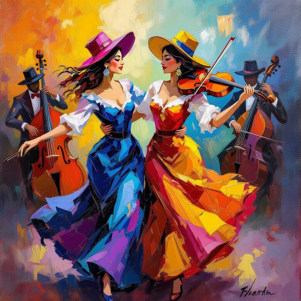 Fauvist Gypsie Dancers Portrait with Musicians