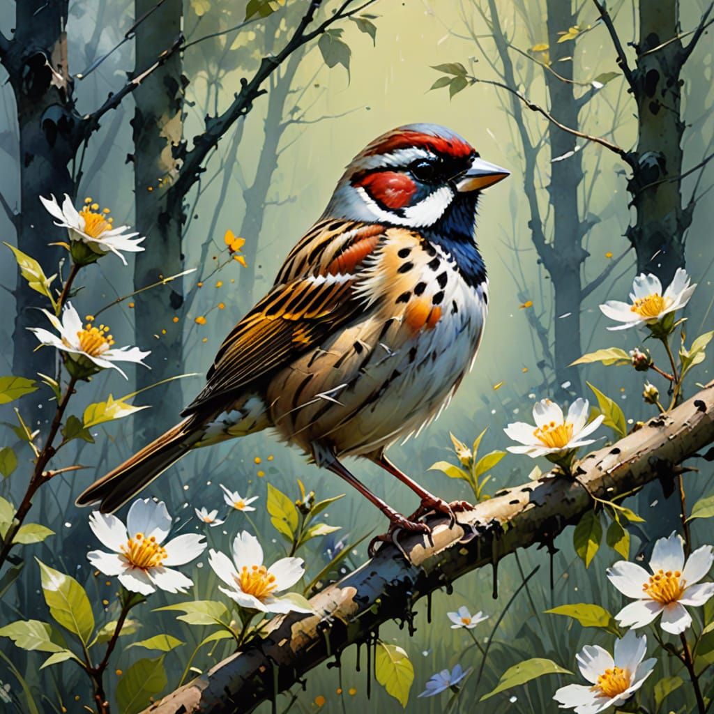 Sparrow on a branch, Art styled, Waterhouse, Carne Griffiths...