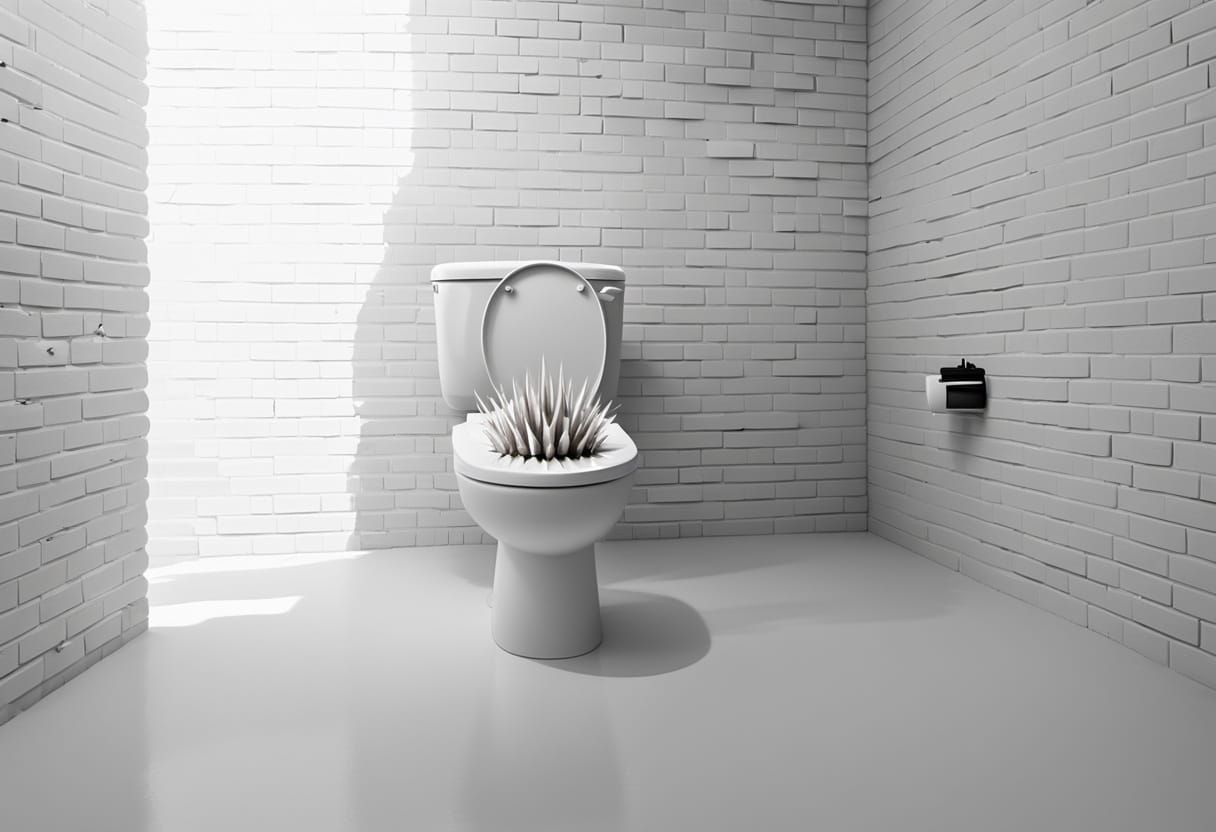 Spiked Toilet Seat in Empty White Room: Surreal Art