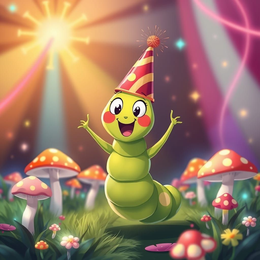 Caterpillar's Disco Dance in a Whimsical Mushroom Field