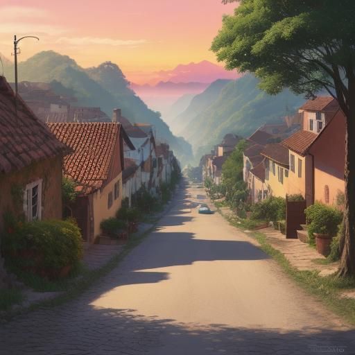 Charming Village Street at Sunset: Matte Painting