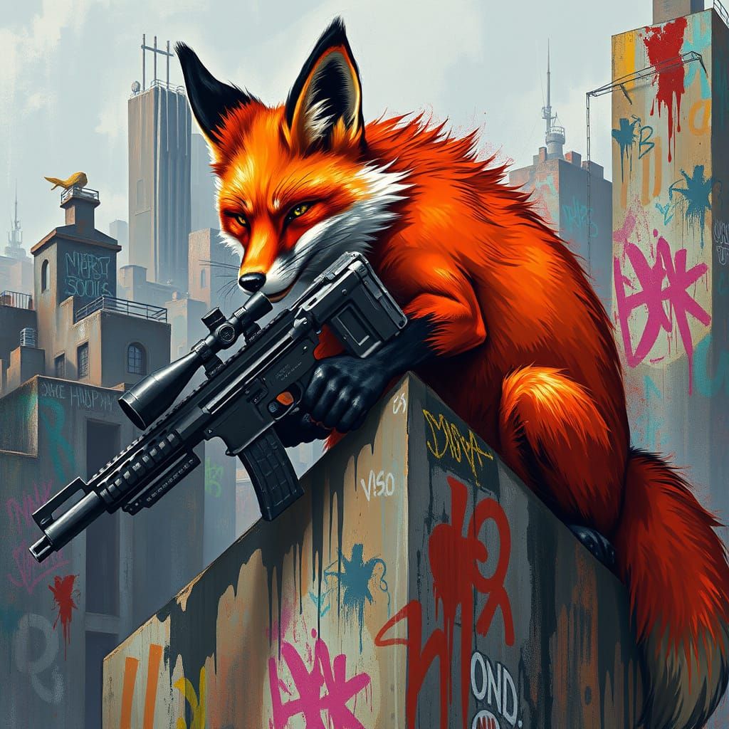 Majestic Fox Sniper Perched on Gritty Urban Building