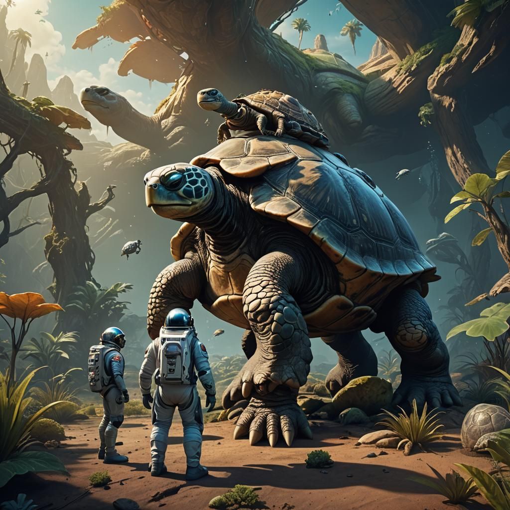 Astronaut and Giant Turtle on Alien Planet