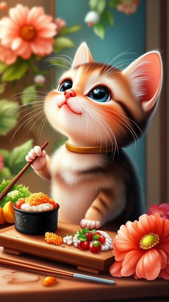 Minimalist Cat Enjoys Sushi