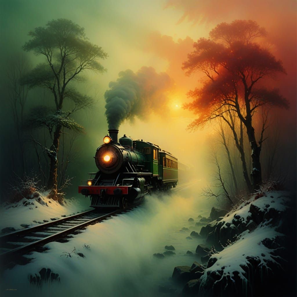 Winterscape Sunset Train in Vibrant Colored Mist