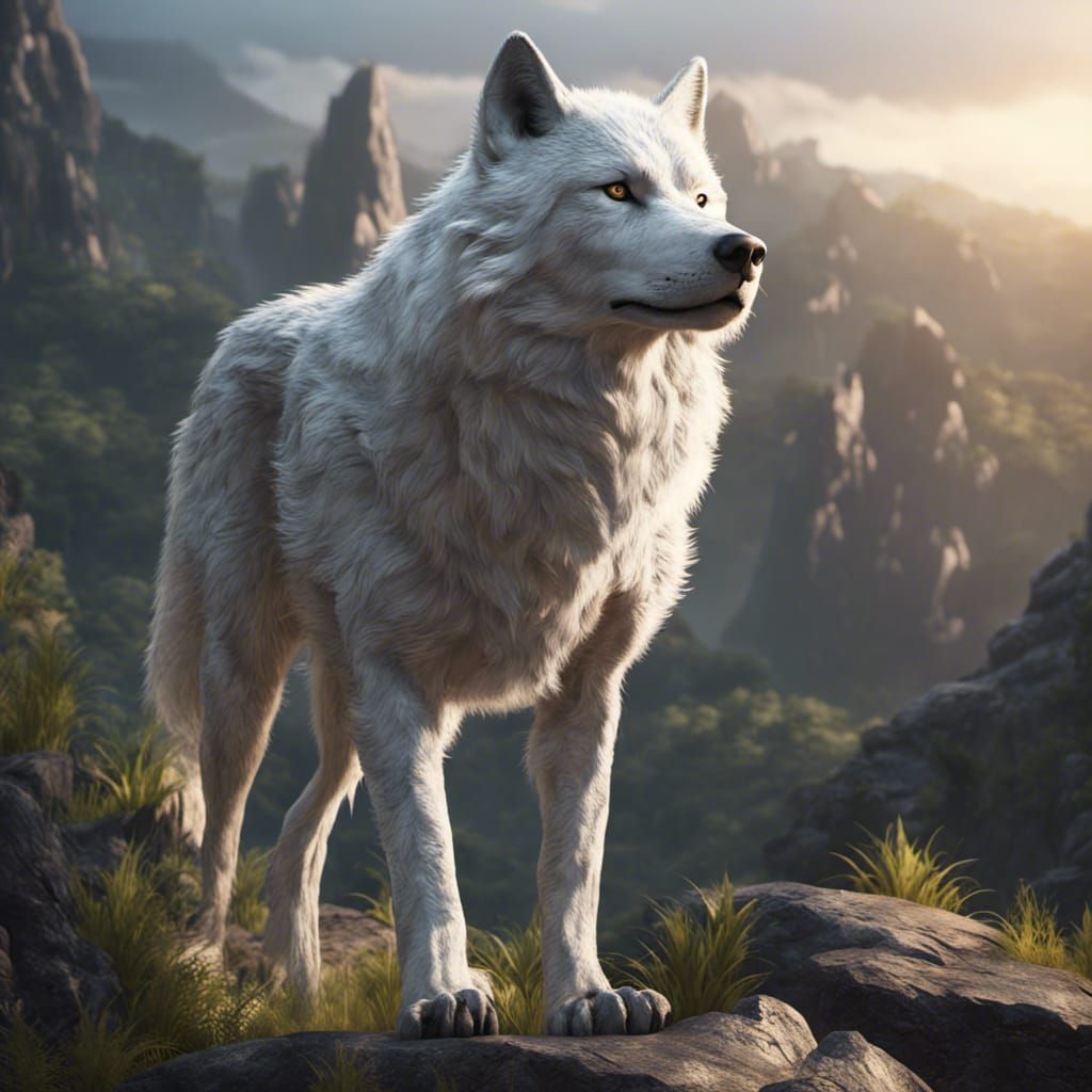 Majestic White Wolf on Mountain at Sunrise