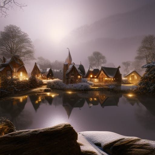 Detailed Winter Village with Thatched Cottages