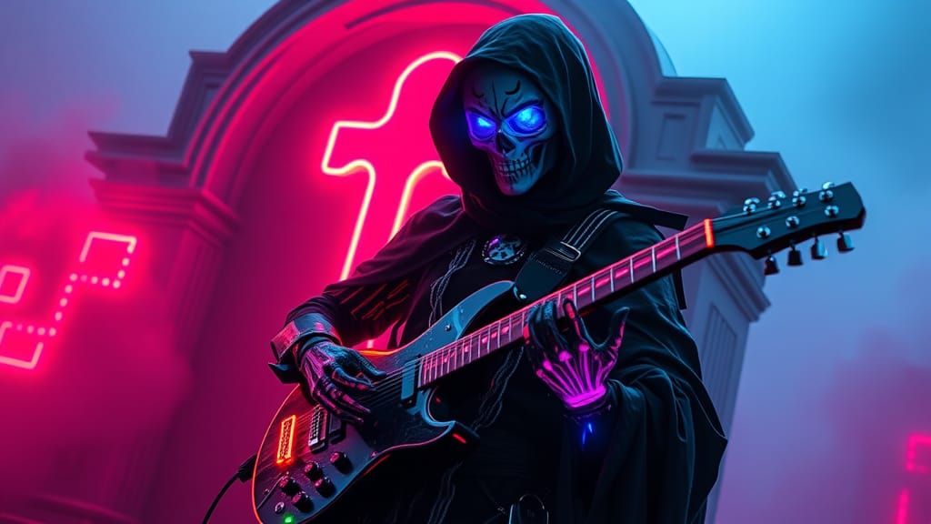 Cyberpunk Grim Reaper Plays Guitar in Cemetery