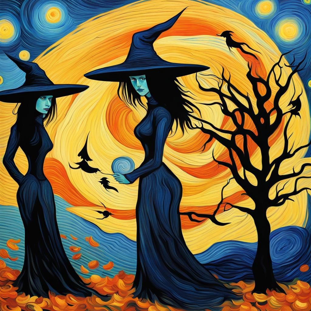 Witches in Van Gogh Style: Abstract Oil Painting