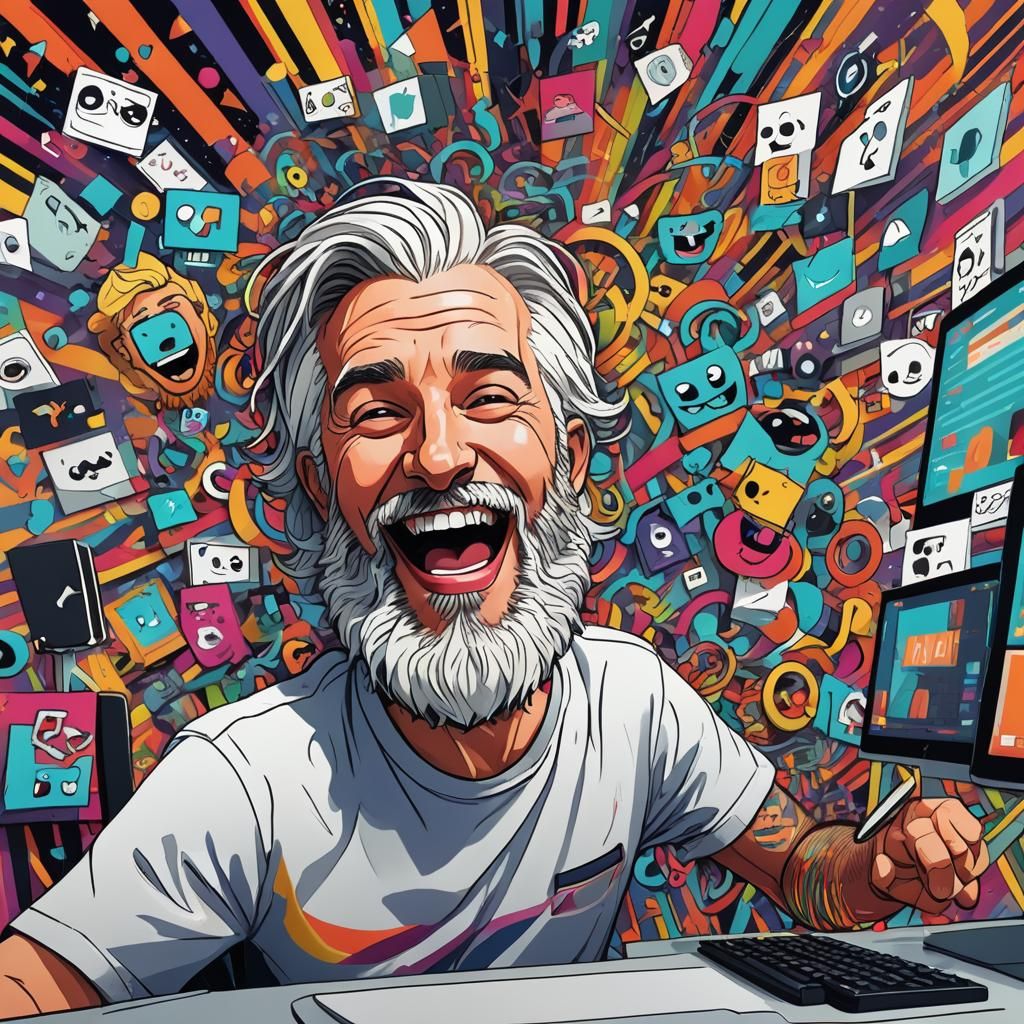 Laughing Person Surrounded by Memes: 3D Digital Art