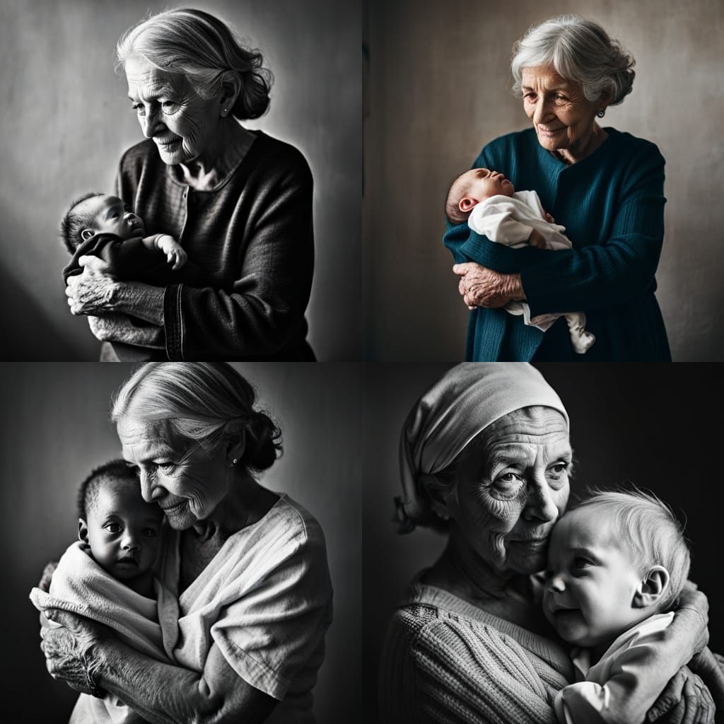 Touching Portrait of Elderly Woman Holding Newborn