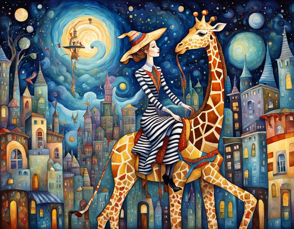 Woman Rides Giraffe Through City in Surrealist Style