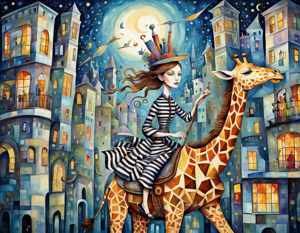 Woman Rides Giraffe Through Whimsical City: Surreal Cubism