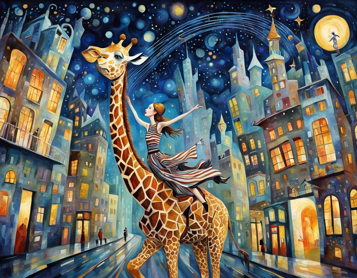 Surreal Woman Rides Giraffe Through Whimsical City