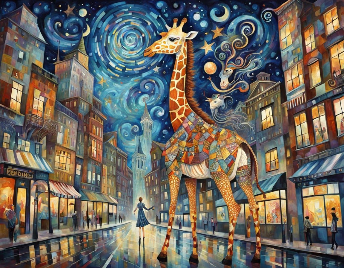 Woman Riding Giraffe in Surreal Cityscape