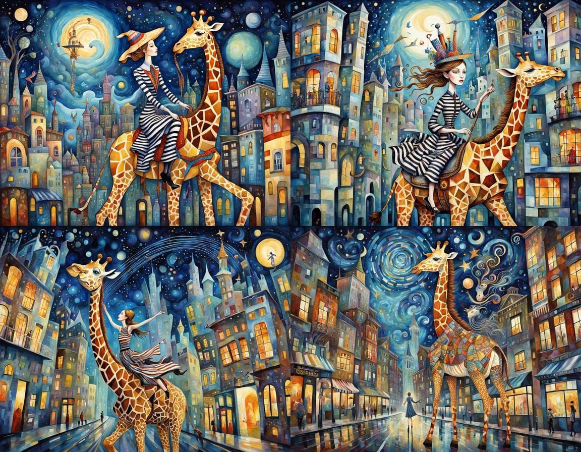 Woman Rides Giraffe Through Whimsical City in Surrealist Sty...
