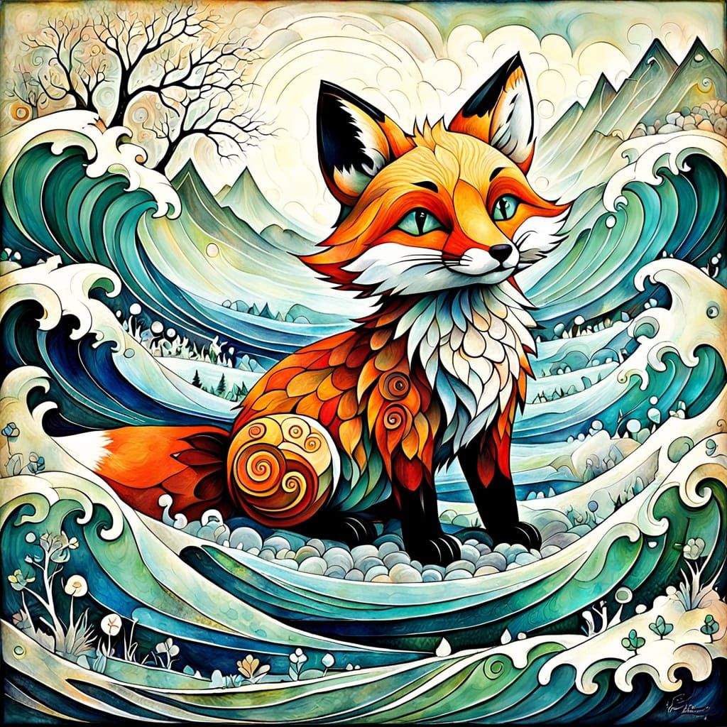 Brer Fox Encaustic Painting with Primitive Naive Style