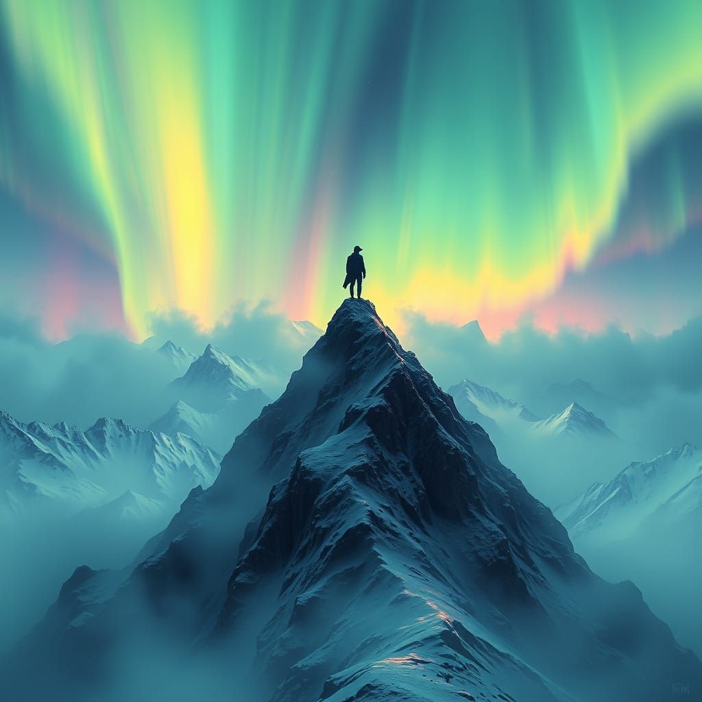 Mystical Mountain Seer Under Ethereal Aurora