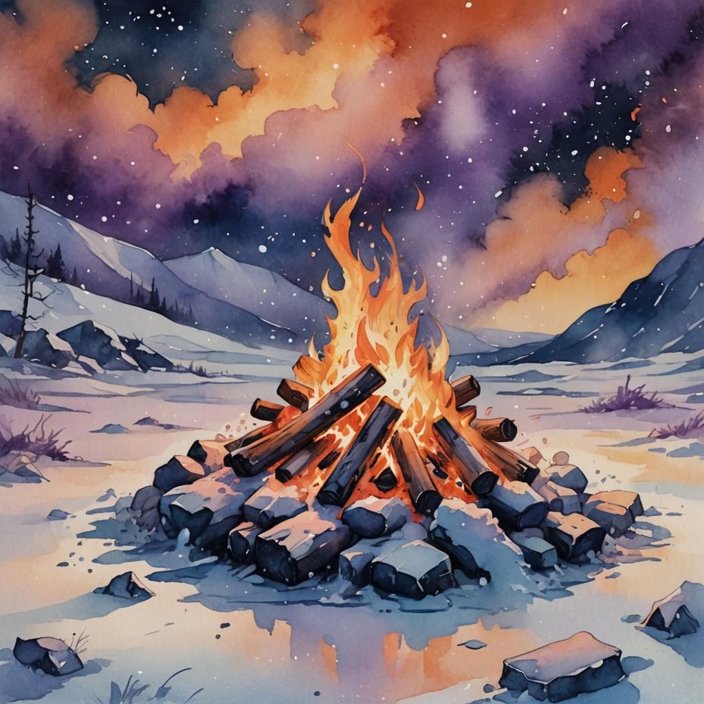Arctic Campfire in Blizzard, Watercolor and Oil Painting