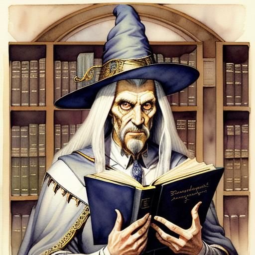Wizard Spellcasting in University Library, Watercolor Illust...