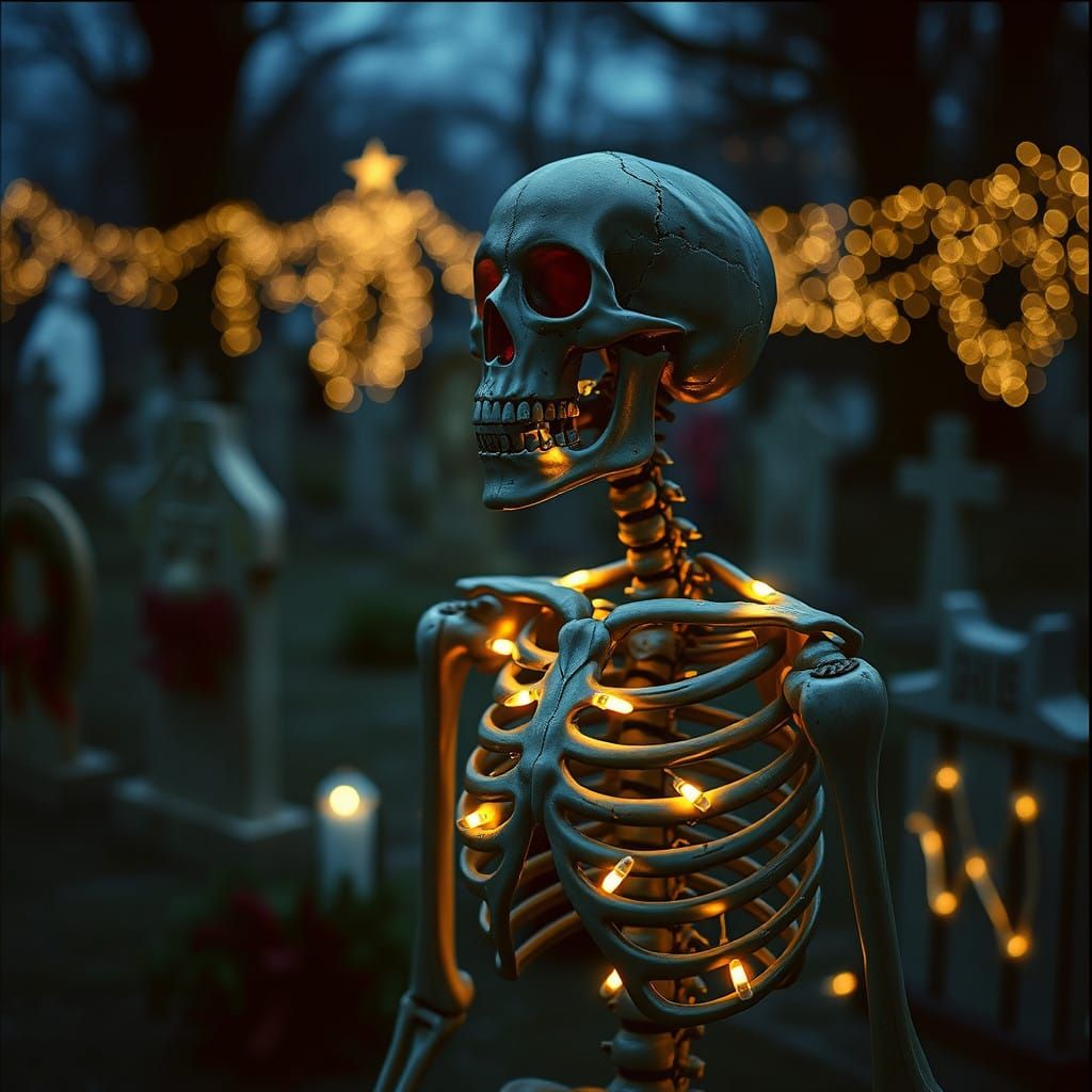 Skeletal Holiday Spectacle in a Festive Graveyard