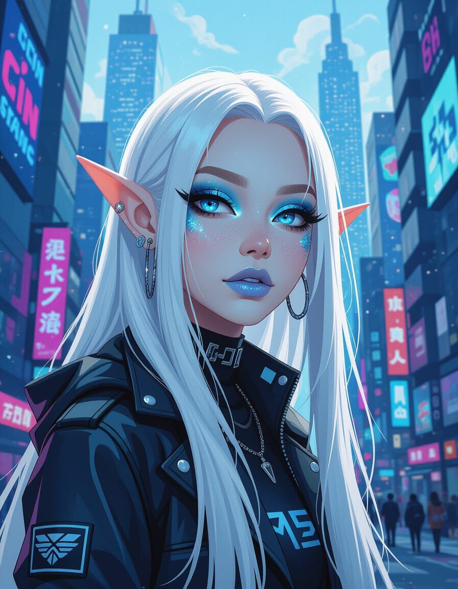 Trendy Ice Elf in Cyberpunk Cityscape