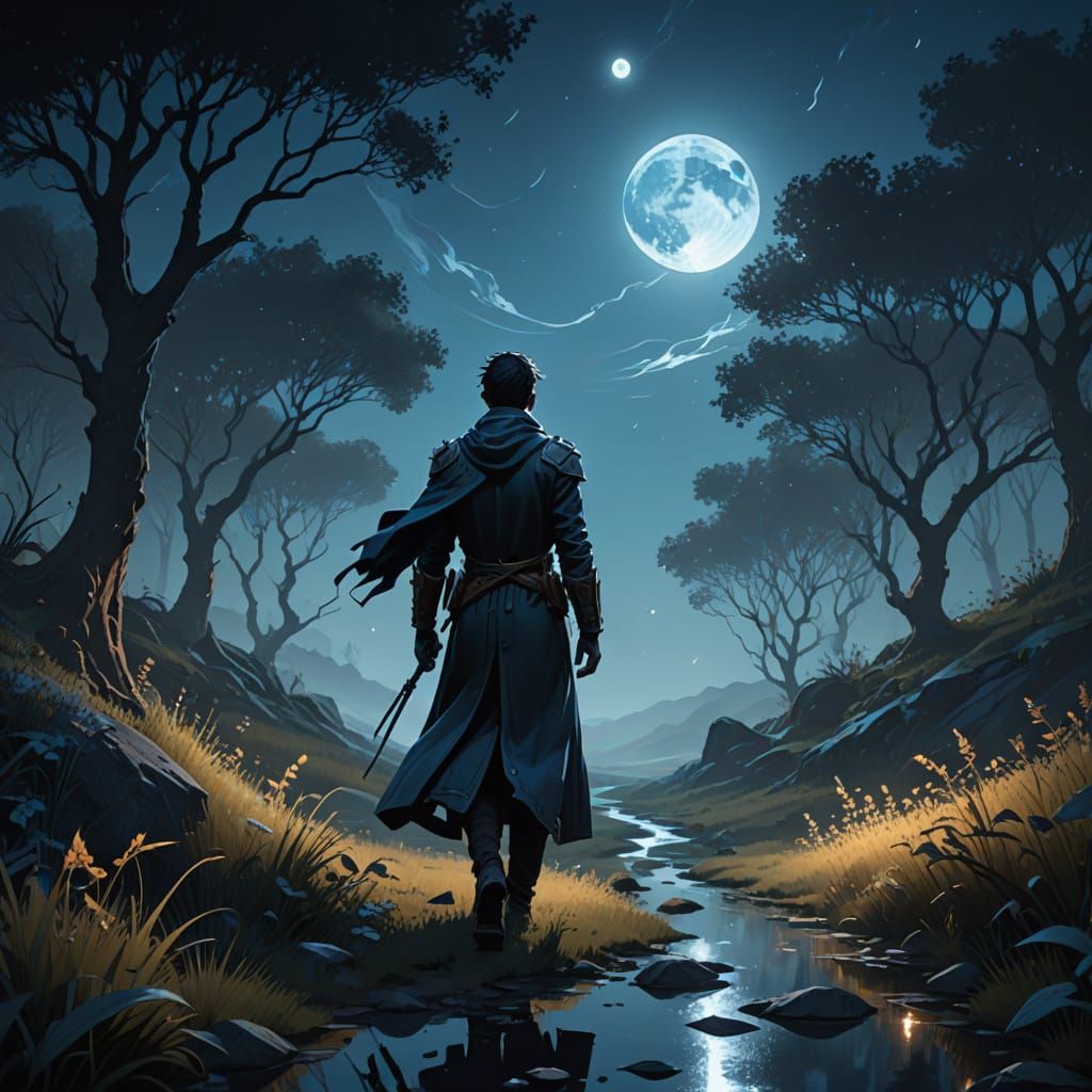 Surreal Figure on Moonlit Path