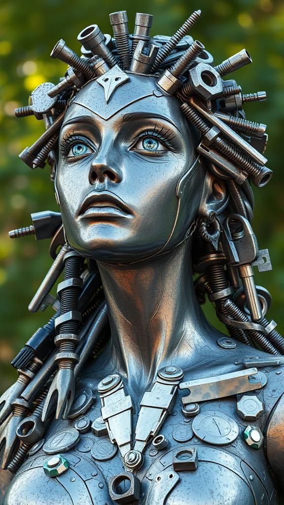 Cyberpunk Scrap Metal Statue of a Beautiful Woman
