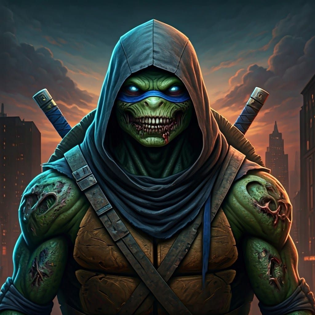 Zombie Ninja Turtle in Neon Cityscape