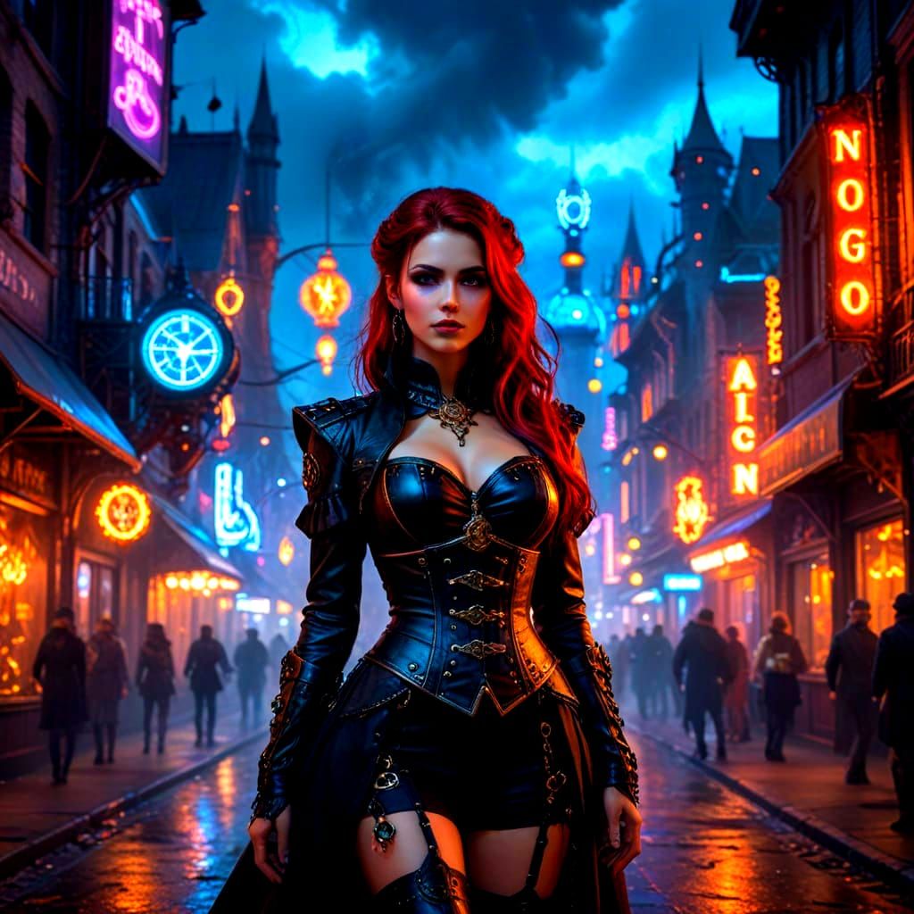 Steampunk Gothic Woman in Neon Cityscape