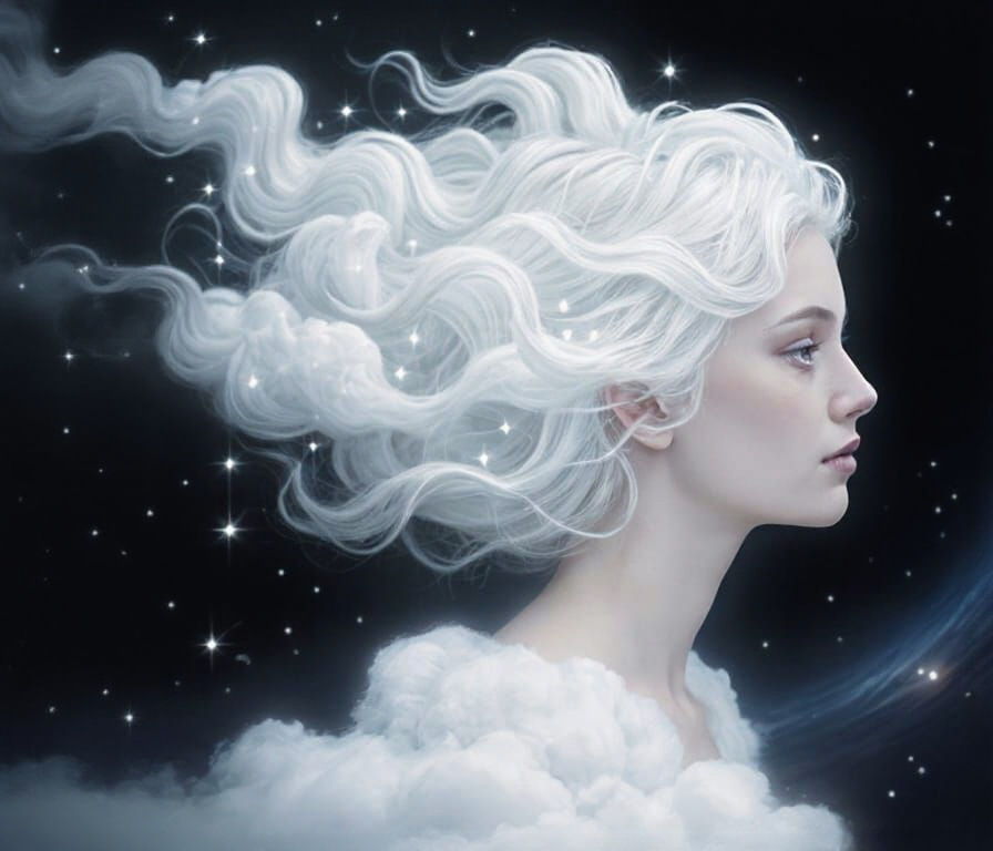 Ethereal Woman with Cloud Hair in Surreal Style