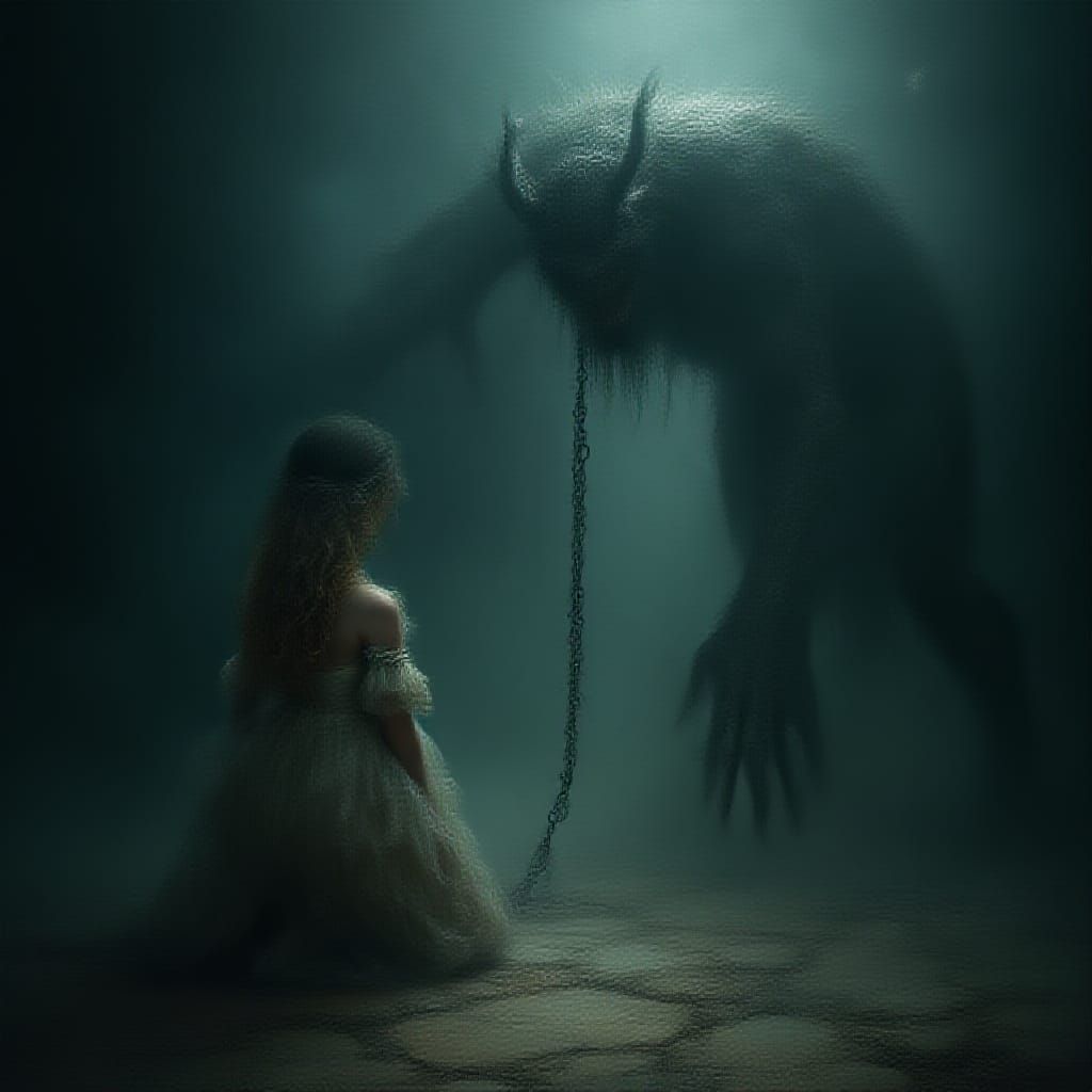 Ethereal Victorian Woman Bound by Dark Forces in Spotlight