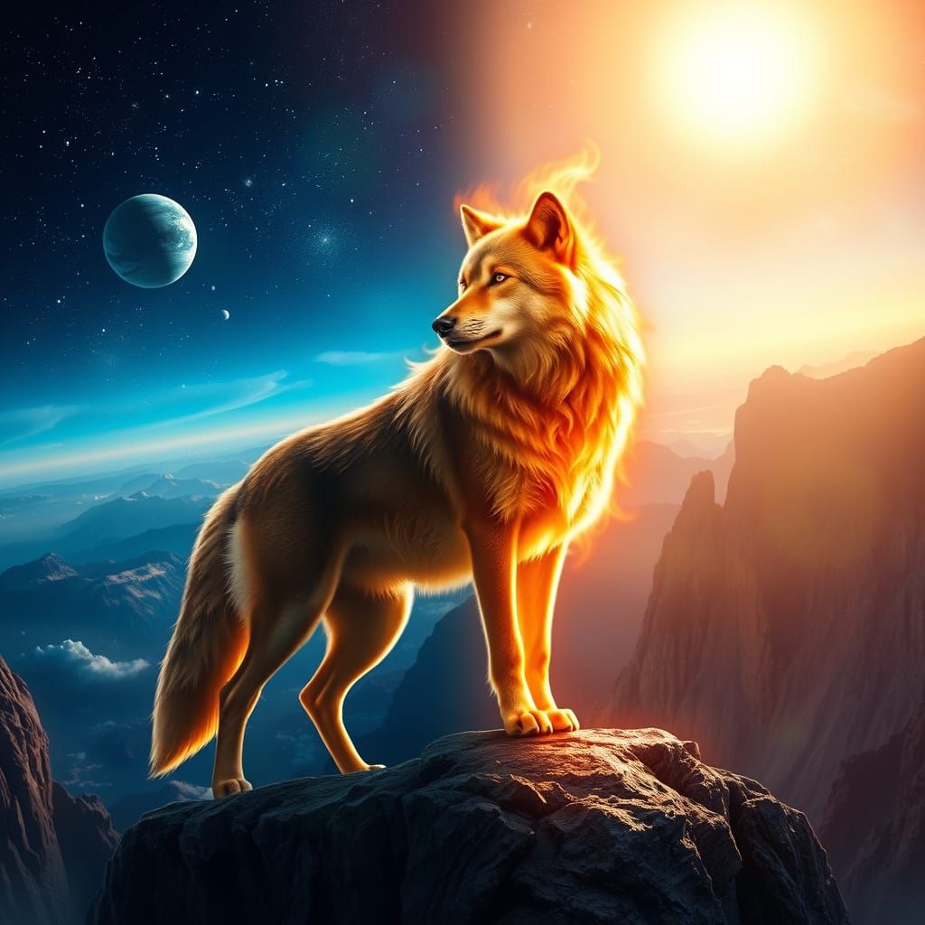 Golden Flame Wolf in Surreal Cosmic Landscape