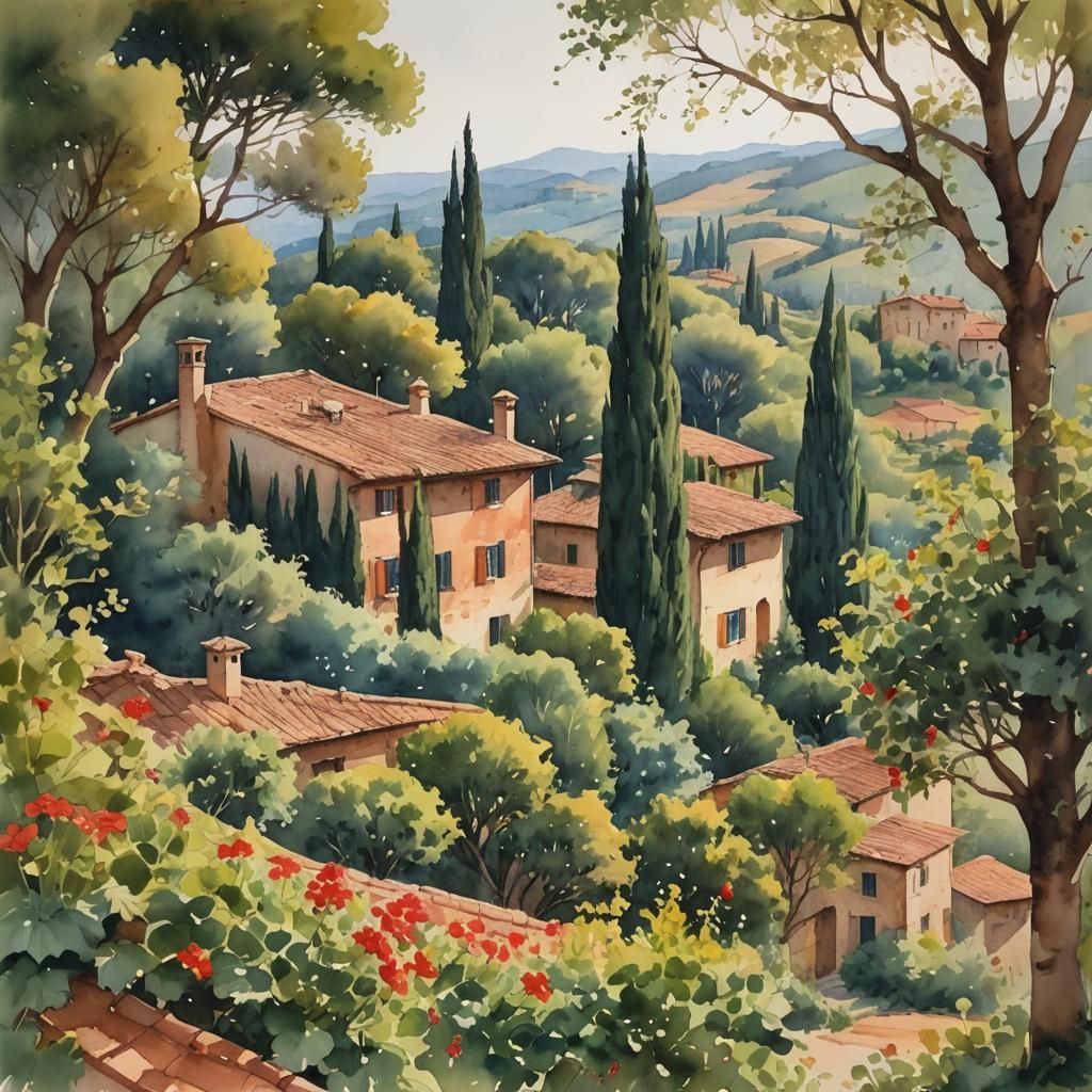 Tuscan Countryside Watercolour with Terracotta Roofs