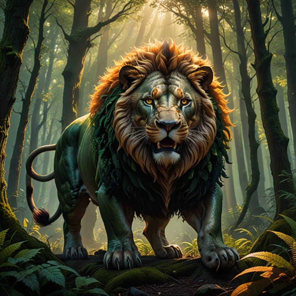 Majestic Lion-Pig Hybrid in German Forest, Fantasy Illustrat...