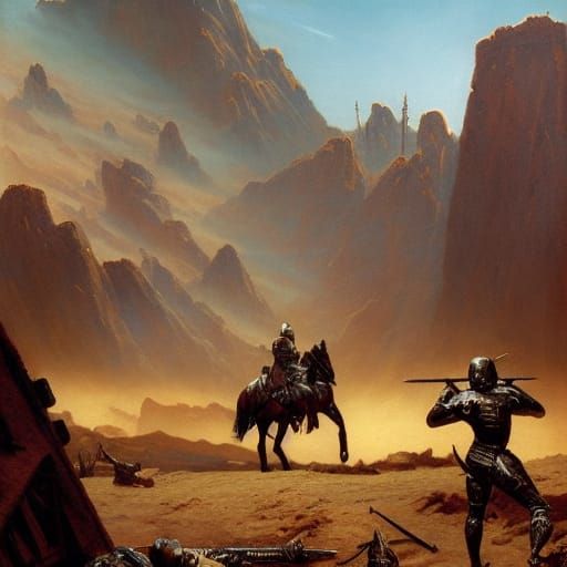 Knight Surveys Battlefield in Detailed Oil Painting