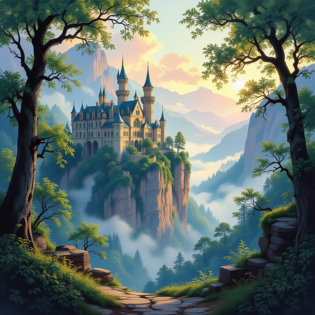 Ancient Castle on Cliff Overlooking Misty Valley in Matte Pa...